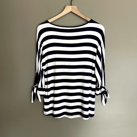 Soft Surroundings Adrift Top Striped Tee Tie Sleeve Blue White Size XSP Nautical - Picture 16 of 16